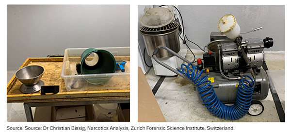 Photograph of equipment including a compressor/sprayer seized from a production site used for spraying low-THC cannabis with synthetic cannabinoids, seized by Swiss police in autumn 2021.