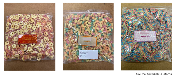 : Photographs of three different examples of sweets containing the synthetic cannabinoid 5F-EDMB-PICA seized by Swedish Customs in August and September 2021.