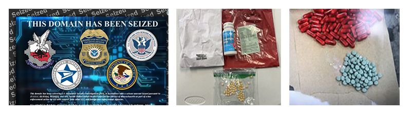 Law enforcement banner of a seized online market for illegally diverted opioid medicines and images of some of the products. Photo: Polish Police.