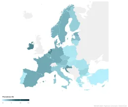 Map showing prevelance of cocaine use among young adults in Europe for the most recent year. Cocaine is seen with higher prevalence in countries in the west of Europe and slighly lower in the East. These data however need to be treated with caution. 