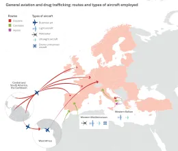 Map or Europe showing general aviation and drug trafficking: routes and types of aircraft employed