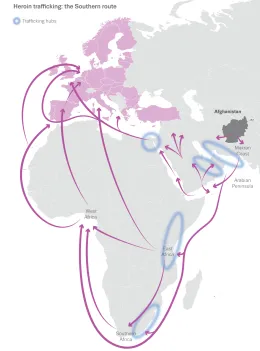 Map showing Southern route for trafficking heroin to Europe