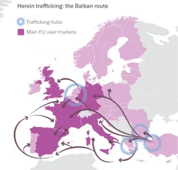 Map of Europe showing the Balkan heroin trafficking route