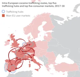 Map showing intra-European cocaine-trafficking routes, top five trafficking hubs and top five consumer markets, 2017-18