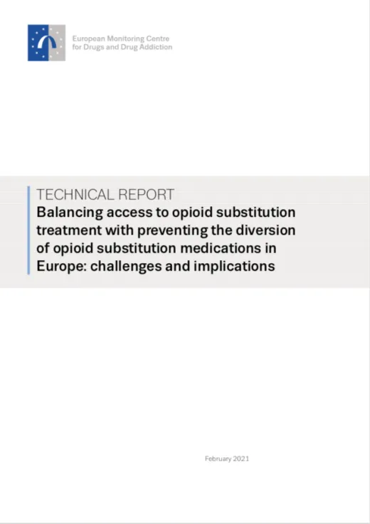 cover of publiatoin title reads: balancing access to opioid substitution treatment with preventing the diversion of opioid substitution medications in Europe: challenges and implications