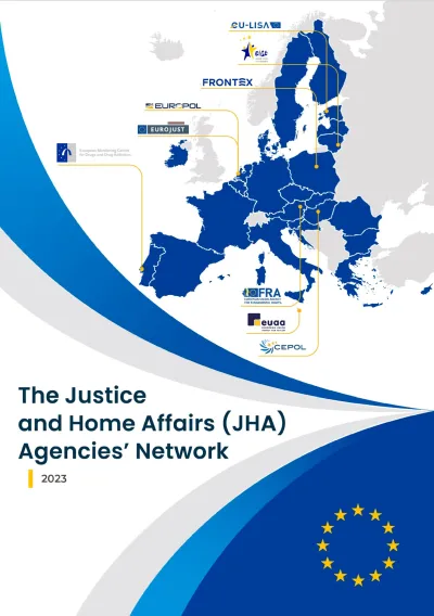 The Justice and Home Affairs (JHA) Agencies' Network brochure cover with a map of all EU member-states pointing the JHA agencies in map