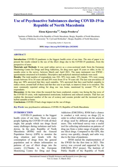 cover of article Use of Psychoactive Substances during COVID-19 in  Republic of North Macedonia