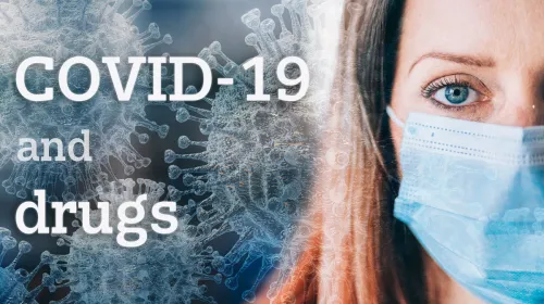 COVID-19 and drugs: woman wearing surgical mask overlaid with images of a virus