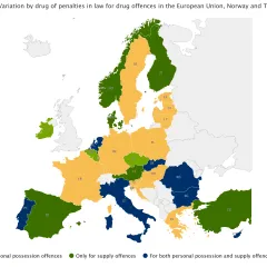 Map showing variatoin of penalties by drug for drug law offences in Europe