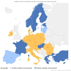 Map showing penalties in law for  in the European Union, Norway and Turkey. In most countries there is either no penalty or the penalty does not include incarceration. 