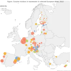 Bubble map showing size of cocaine residues detected in watewater in Europe and whether those values have increased since the previous measurements. Largest values in Belgium and the Netherlands, as well as parts of Spain and Germany. A majority of values would appear to have increased but caution is needed when interpreting this data.