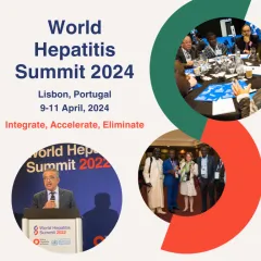 Banner indicating the World Hepatitis Summit 2024, with images of past editions. It also indicates the theme for this edition: "Integrate, Accelerate, Eliminate".