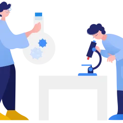 Illustration of two scientists conducting research in a laboratory.