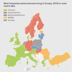 Chart showing most frequently seized stimulant drug in Europe, 2016 or most recent data