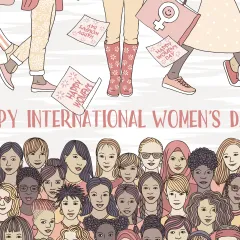 drawing of various women faces on the bottom and feet walking on top and text happy international women's day