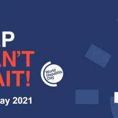 world hepatitis day 2021 theme hep can't wait in blue and white fonts in dark blue background