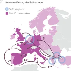 Map of Europe showing the Balkan heroin trafficking route