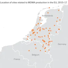 Map showing the location of sites related to MDMA production in the EU, 2015-17