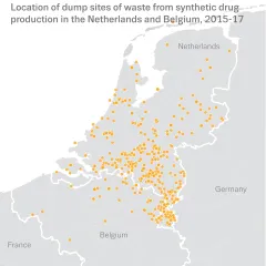Map showing the location of dump sites of waste from synthetic drug production in the Netherlands and Belgium, 2015-17