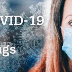 COVID-19 and drugs: woman wearing surgical mask overlaid with images of a virus