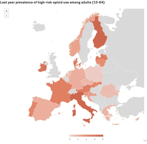 Map showing estimates of prevalence of high risk opioid use in Europe. Rates range from below 1 to around 8 per 1000. 