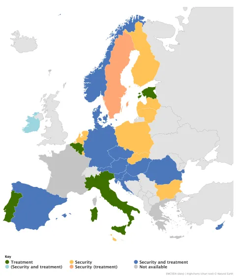 map showing availability of drug testing in prisons in Europe