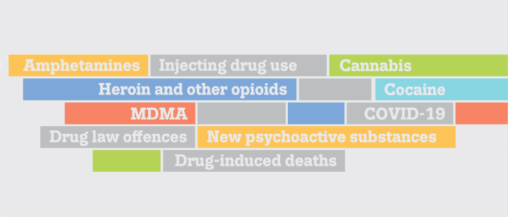 words: amphetamines, injecting drug use, cannabis, heroin and other opioids, cocaine, MDMA, COVID-19, drug law offences, new psychoactive drugs, drug-induced deaths